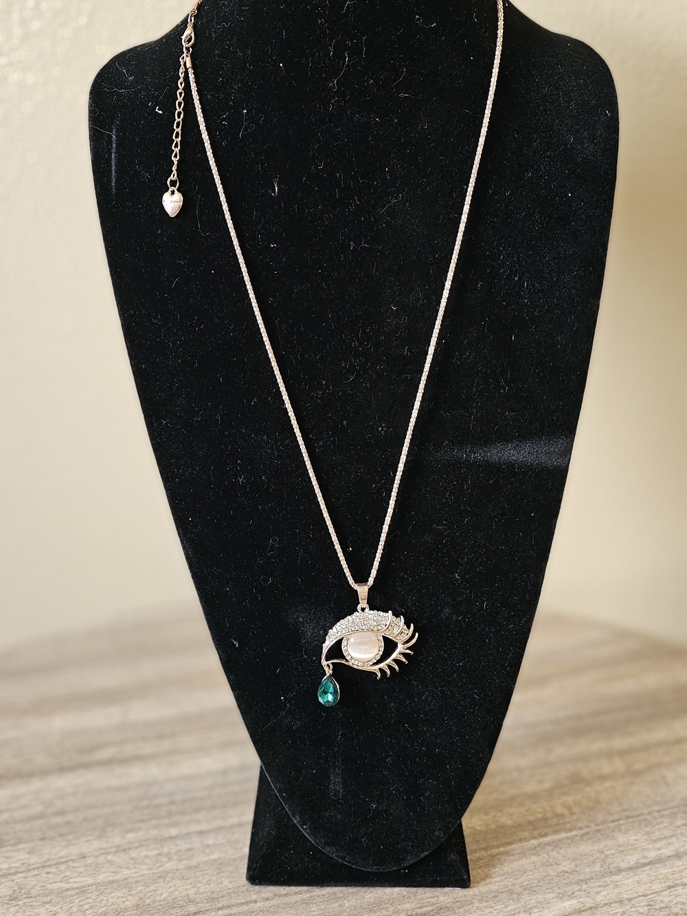 Betsey Johnson Rose Gold Eye Pendant Necklace with Emerald Teardrop